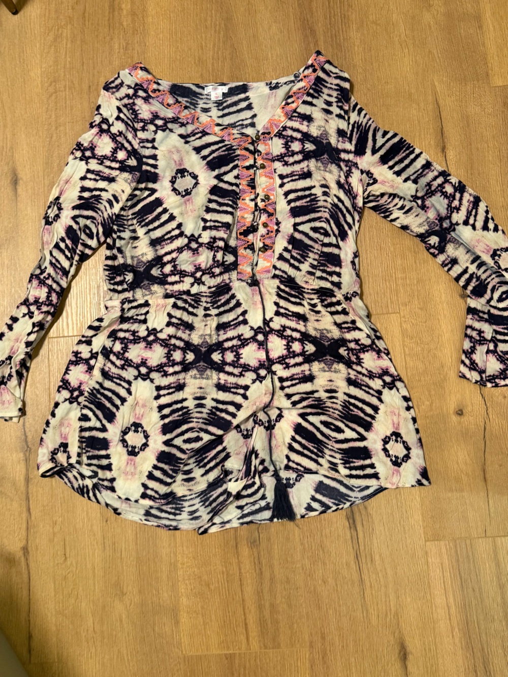 Xhilaration Black, Pink and Cream Tie-Dye Long Sleeve Peasant Dress